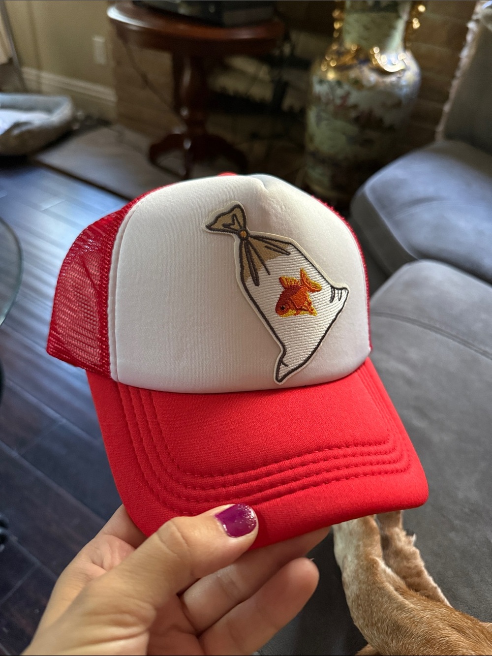 Red and White Mesh Trucker Hat with Goldfish Patch unisex kids or adults